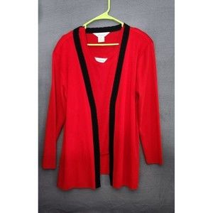 Misook Woman Dark Red Black Trim 2pc Knit Open Front Cardigan Jacket & Tank Sz L